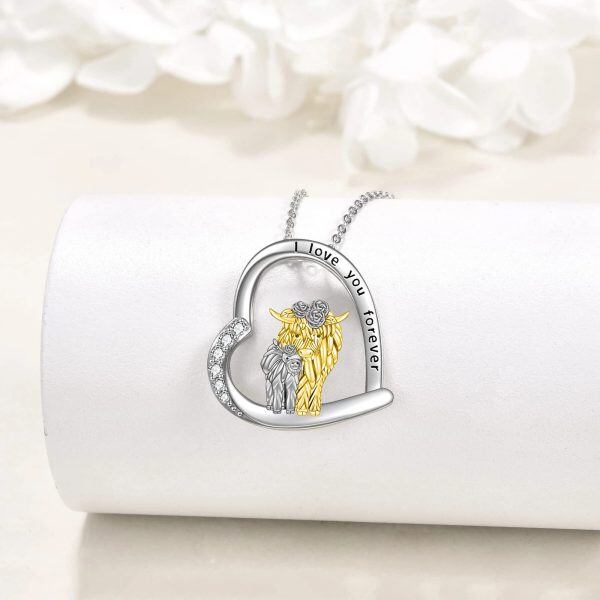 Sterling Silver Highland Cow Heart Pendant Necklace for Mom-3