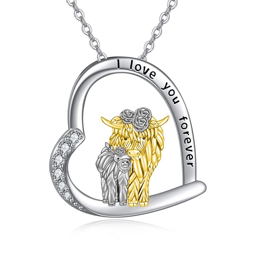 Sterling Silver Stone Highland Cow Mother Kids Pendant Cute Jewelry Gift for Girls - Rhodium And Gold Plated- Rhodium And Gold Plated