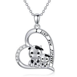 Sterling Silver Cow Heart Pendant Necklace for Mom-0