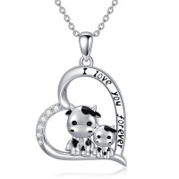 wholesale 925 Sterling Silver Cow Family Love Forever Heart Pendant Necklace Gift for Mom- Rhodium Plated