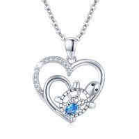 wholesale 925 Sterling Silver Heart-Shaped Pendant with Blue Crystal and Turtle Design Necklace- Rhodium Plated