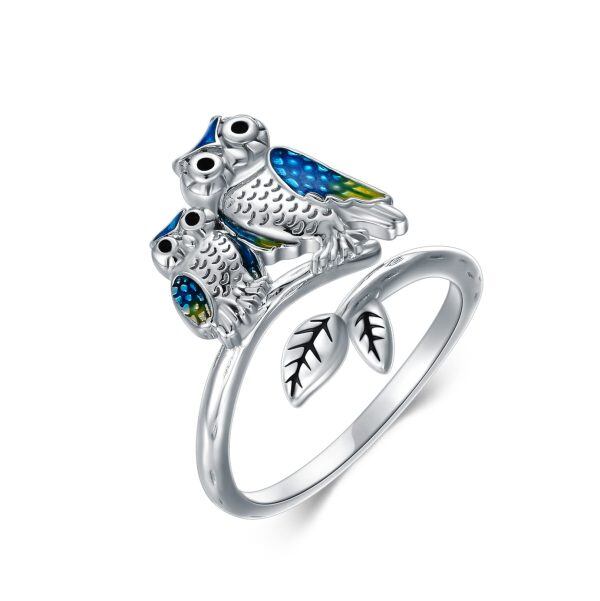 Sterling Silver Enamel Owl Mom Child Adjustable Rings-0