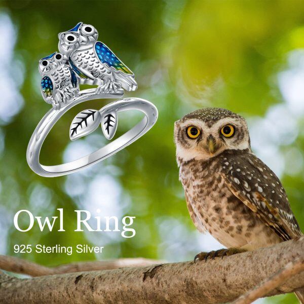 Sterling Silver Enamel Owl Mom Child Adjustable Rings-4