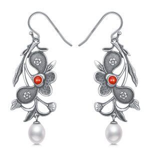 Sterling Silver Oxidized Flower Dangle Earrings with Pearl-0