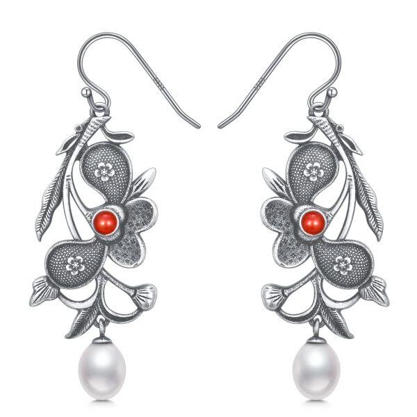 Sterling Silver Oxidized Flower Dangle Earrings with Pearl-0