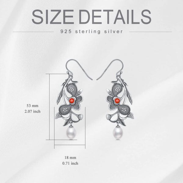 Sterling Silver Oxidized Flower Dangle Earrings with Pearl-1