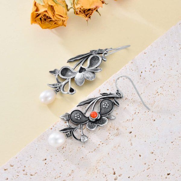 Sterling Silver Oxidized Flower Dangle Earrings with Pearl-3