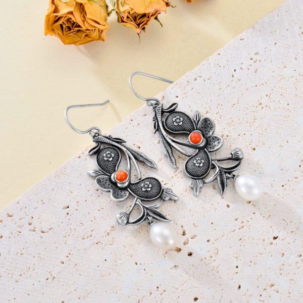 Sterling Silver Oxidized Flower Dangle Earrings with Pearl-4