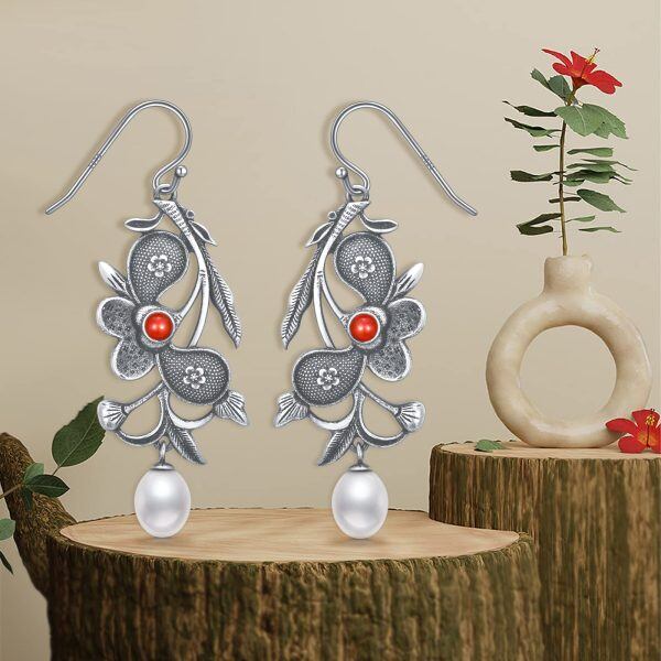 Sterling Silver Oxidized Flower Dangle Earrings with Pearl-5