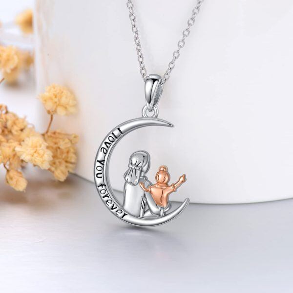 Sterling Silver Moon Mother Daughter Pendant Necklace-3