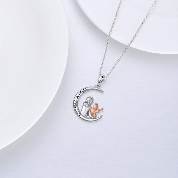 Sterling Silver Moon Mother Daughter Pendant Necklace-4