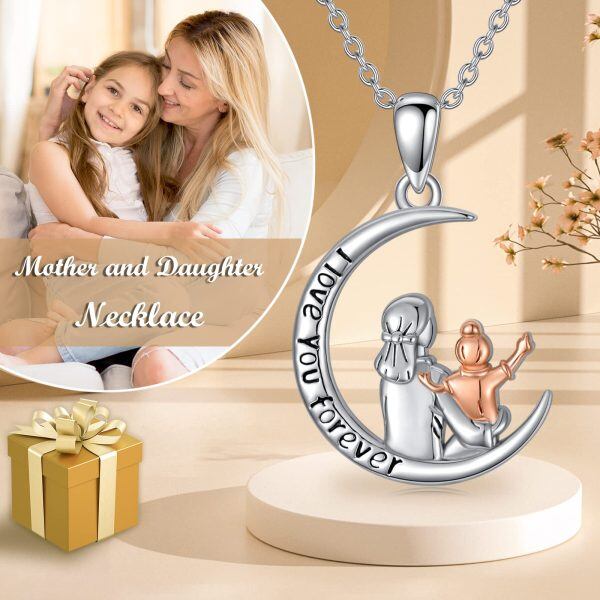 Sterling Silver Moon Mother Daughter Pendant Necklace-5