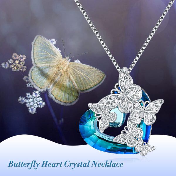 Sterling Silver Butterfly Pendant Necklace with Heart Crystal-5