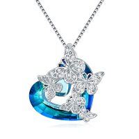 wholesale 925 Sterling Silver Blue Crystal Butterfly Pendant Necklace s for Women and Girls- Rhodium Plated