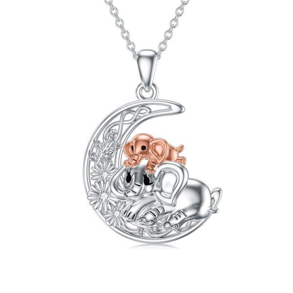 Sterling Silver Daisy Elephant Mom Baby Pendant Necklace with Moon-0