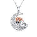 wholesale 925 Sterling Silver Mother and Baby Elephant on Crescent Moon Pendant Necklace-0-0
