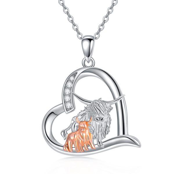 Sterling Silver Highland Cow Heart Pendant Necklace-0