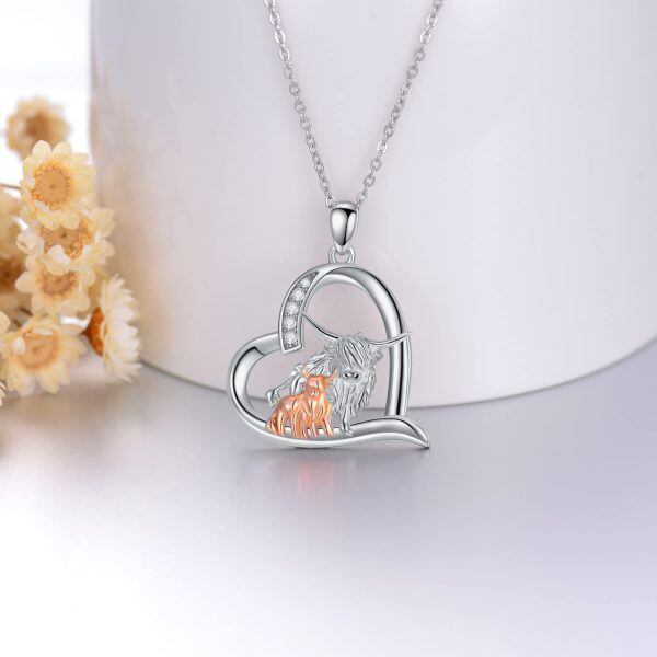 Sterling Silver Highland Cow Heart Pendant Necklace-3