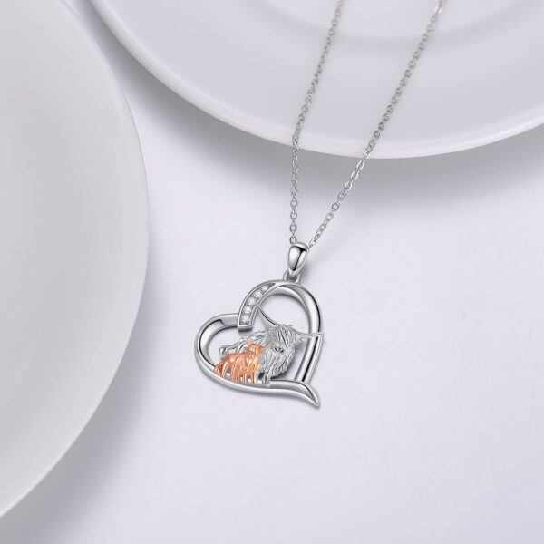 Sterling Silver Highland Cow Heart Pendant Necklace-4