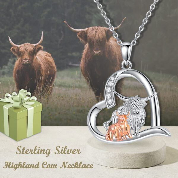 Sterling Silver Highland Cow Heart Pendant Necklace-5