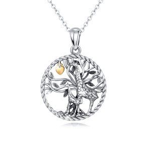 Sterling Silver Tree of Life and Giraffe Mom Baby Pendant Necklace-0