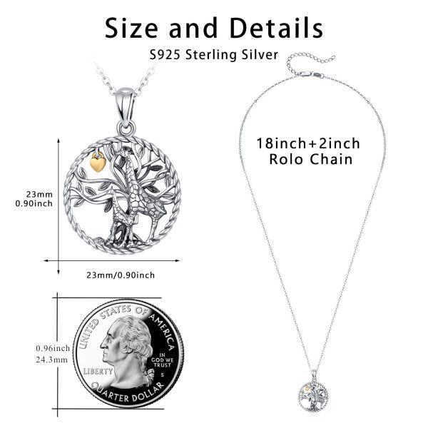 Sterling Silver Tree of Life and Giraffe Mom Baby Pendant Necklace-1