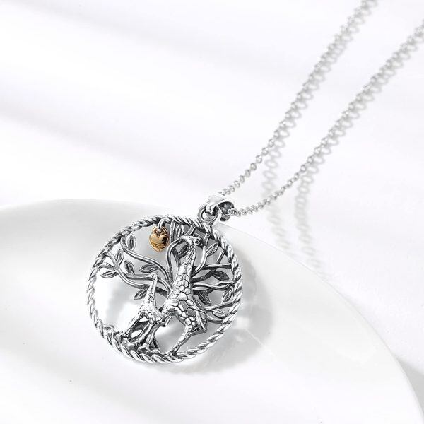 Sterling Silver Tree of Life and Giraffe Mom Baby Pendant Necklace-4