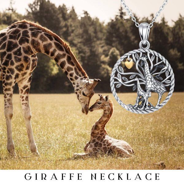 Sterling Silver Tree of Life and Giraffe Mom Baby Pendant Necklace-5