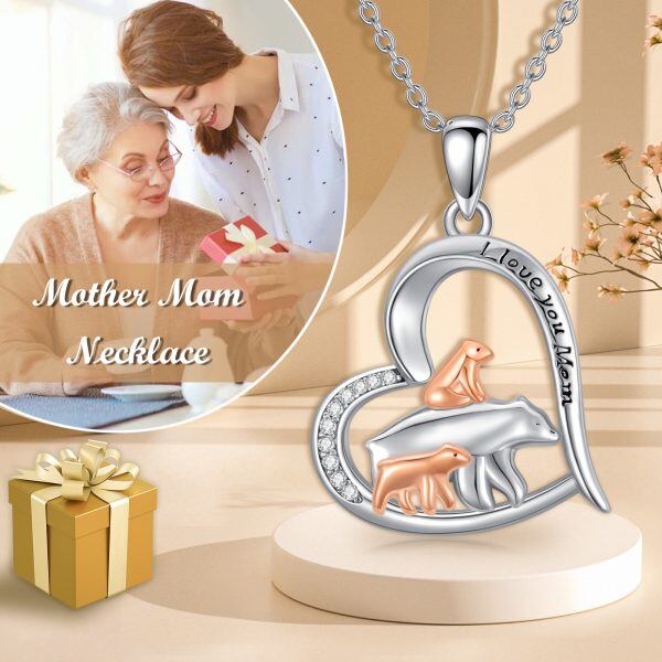 Sterling Silver Bear Mom Baby Pendant Necklace-5