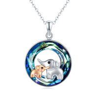 wholesale 925 Sterling Silver Blue Crystal Mother and Baby Elephant Pendant Necklace for Women- Rhodium And Rose Gold Plated