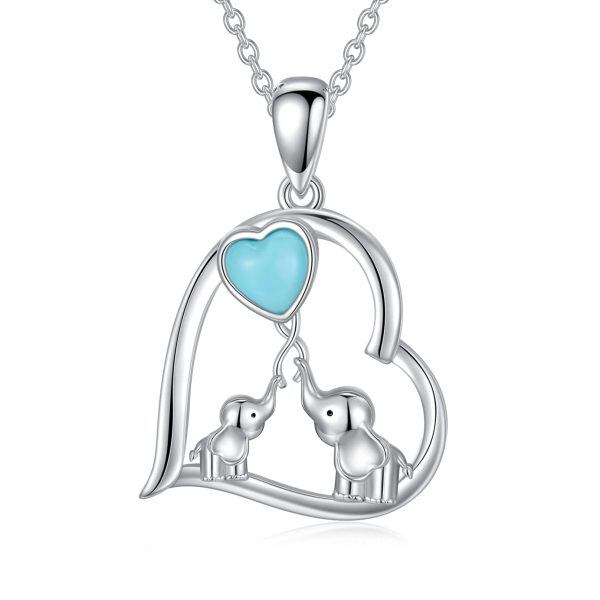 Sterling Silver Elephant Mom Baby Pendant Necklace with Heart Turquoise-0