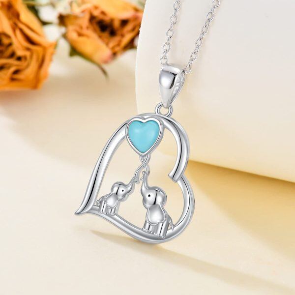 Sterling Silver Elephant Mom Baby Pendant Necklace with Heart Turquoise-4