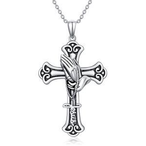 Sterling Silver Praying Hands Crucifix Cross Pendant Necklace-0