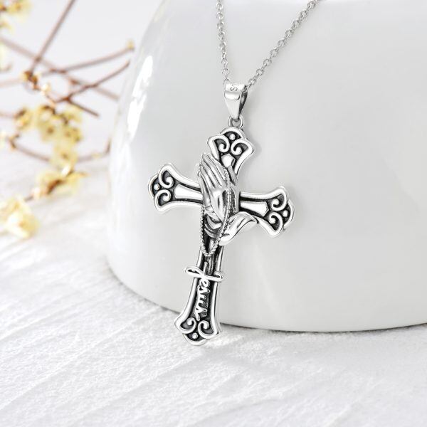 Sterling Silver Praying Hands Crucifix Cross Pendant Necklace-3