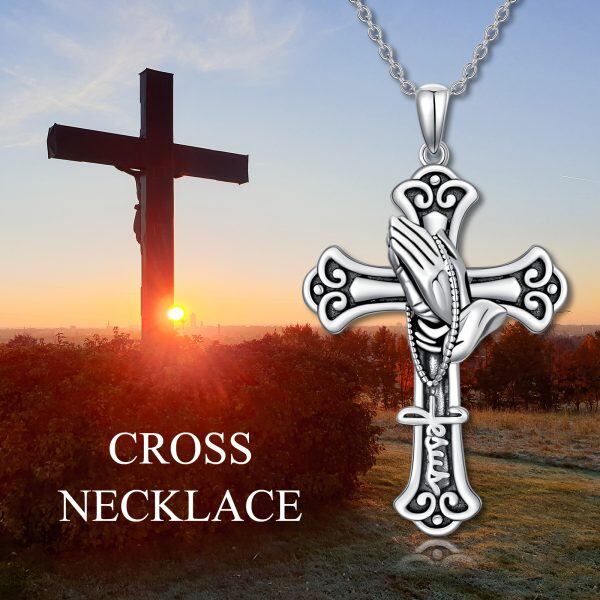 Sterling Silver Praying Hands Crucifix Cross Pendant Necklace-5