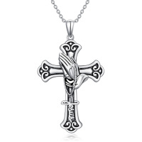 wholesale 925 Sterling Silver Cross Pendant with Praying Hands and Jesus Inscription for Women- Oxidized/Oxidised