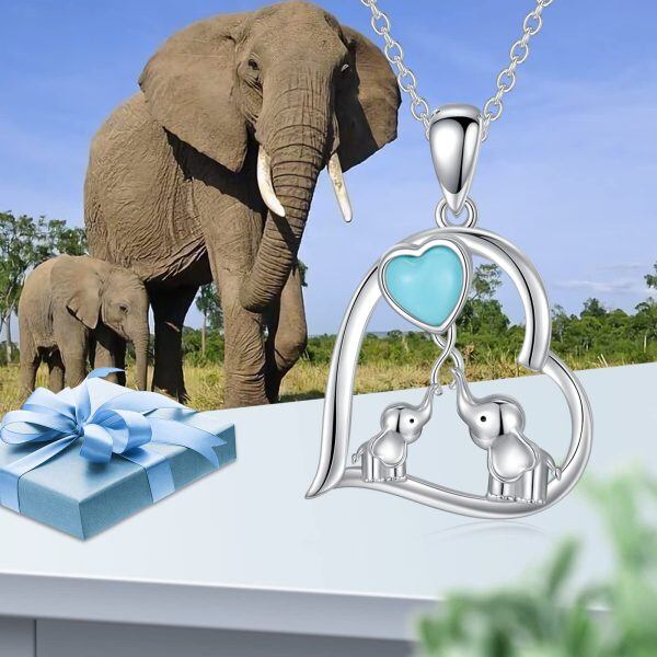 Sterling Silver Elephant Mom Baby Pendant Necklace with Heart Turquoise-6