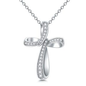 Sterling Silver Zircon Cross Pendant Necklace-0