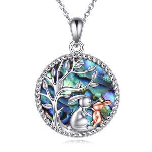 Sterling Silver Rabbit Mom Child Pendant Necklace with Abalone Shell-0