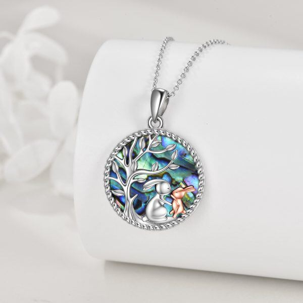 Sterling Silver Rabbit Mom Child Pendant Necklace with Abalone Shell-3