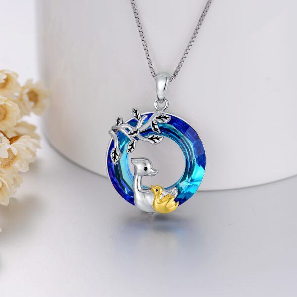 Sterling Silver Duck Mom Baby Pendant Necklace with Crystal Circle-2