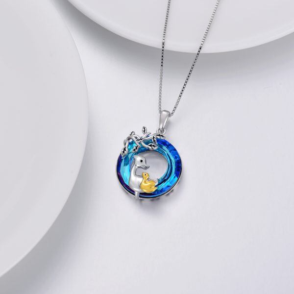 Sterling Silver Duck Mom Baby Pendant Necklace with Crystal Circle-3