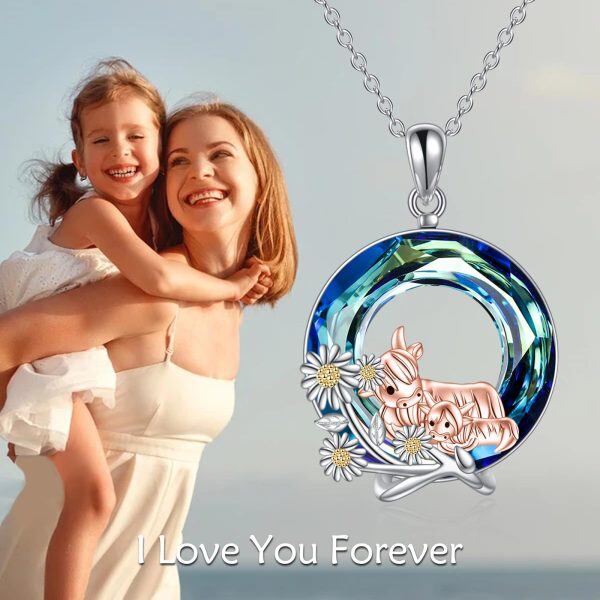 Sterling Silver Daisy Highland Cow Mom Baby Pendant Necklace with Crystal Circle-3