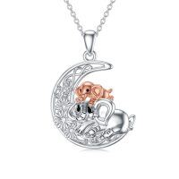 wholesale 925 Sterling Silver Mother and Baby Elephant on Crescent Moon Pendant Necklace- Rhodium And Rose Gold Plated