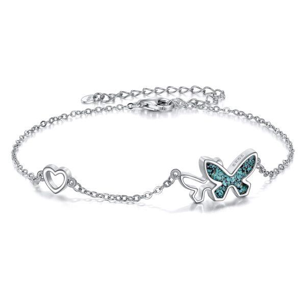 Sterling Silver Crushed Turquoise Two Butterflies Chain Bracelets-0