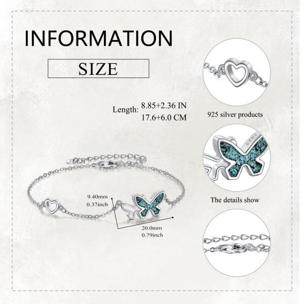 Sterling Silver Crushed Turquoise Two Butterflies Chain Bracelets-1