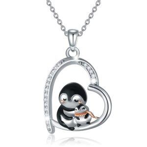 Sterling Silver Penguin Mom Baby Heart Pendant Necklace-0