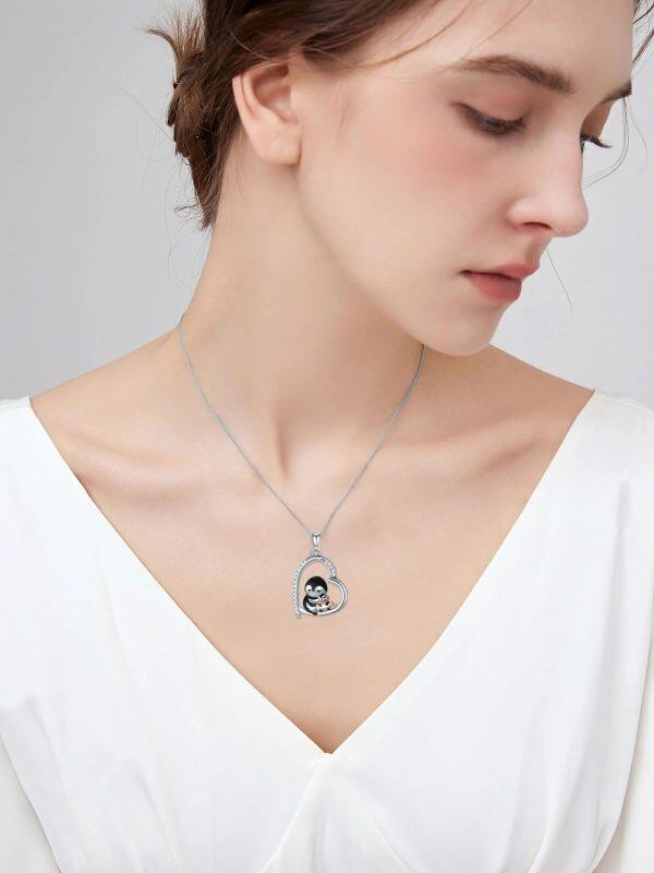 Sterling Silver Penguin Mom Baby Heart Pendant Necklace-2