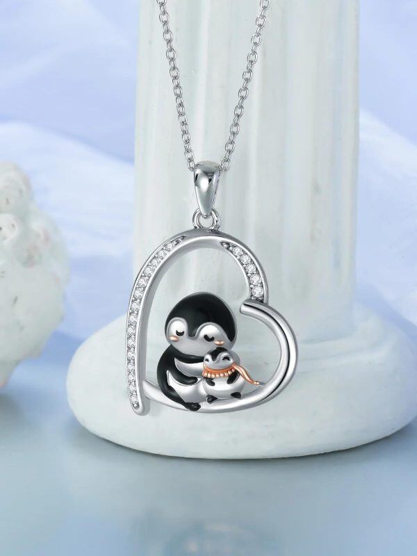 Sterling Silver Penguin Mom Baby Heart Pendant Necklace-3