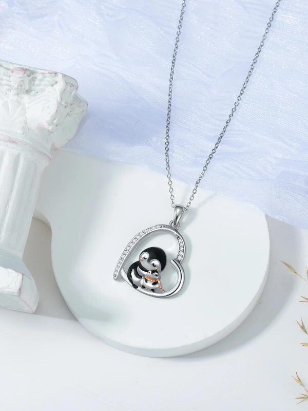 Sterling Silver Penguin Mom Baby Heart Pendant Necklace-4